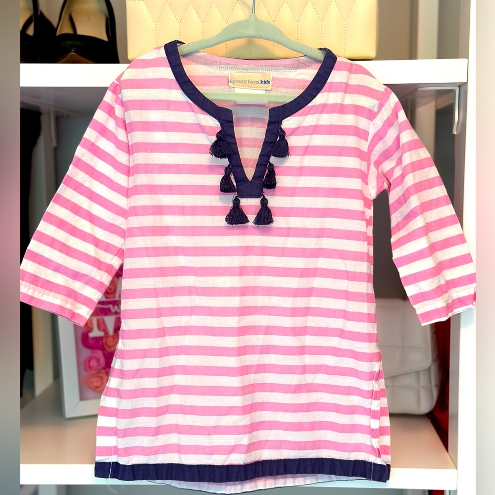 ⭐️5/$25 Pottery Barn Kids Pink, White and Navy Blue Stripped Tunic with Tassels